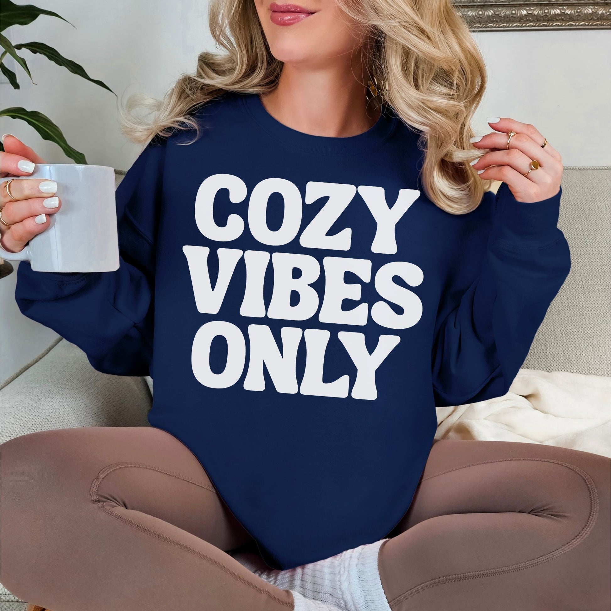 "Cozy Vibes Only" graphic deep navy blue (navy) Sweatshirt.