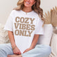 "Cozy vibes only" graphic on bright white (white) T-shirt.