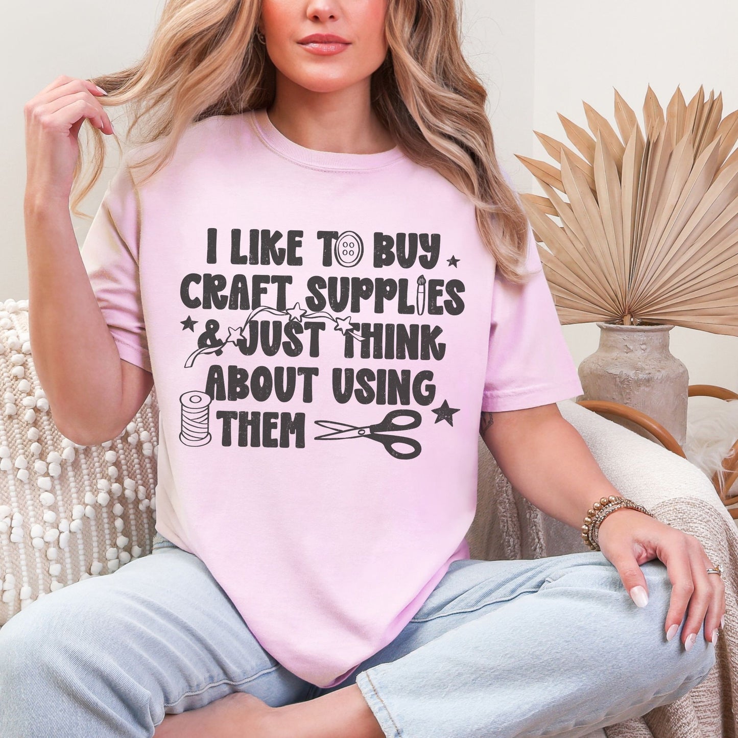 "I like to buy craft Supplies and just think about using them graphic on soft pink (blossom) shirt.