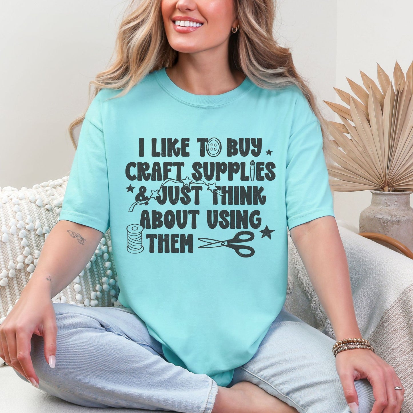 "I like to buy craft Supplies and just think about using them graphic on soft muted mint green (chalky mint) t- shirt.