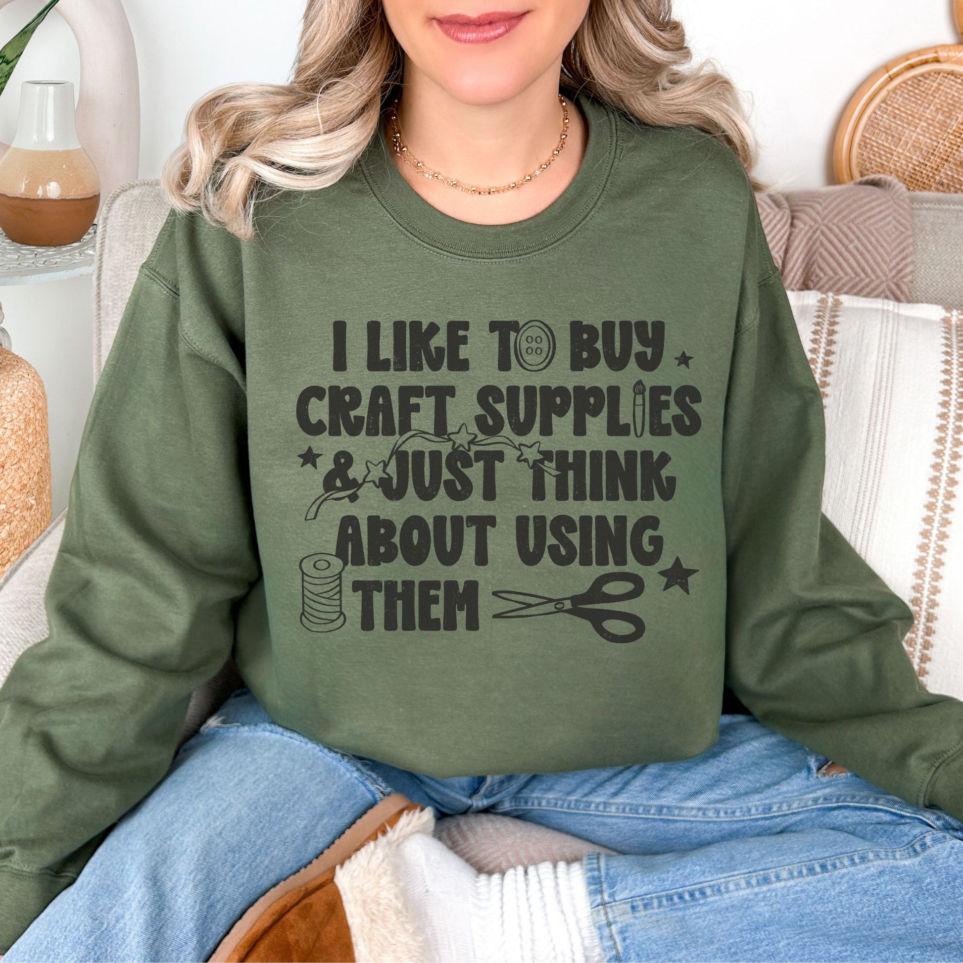 "I like to buy craft Supplies and just think about using them graphic on a muted olive green (military green).