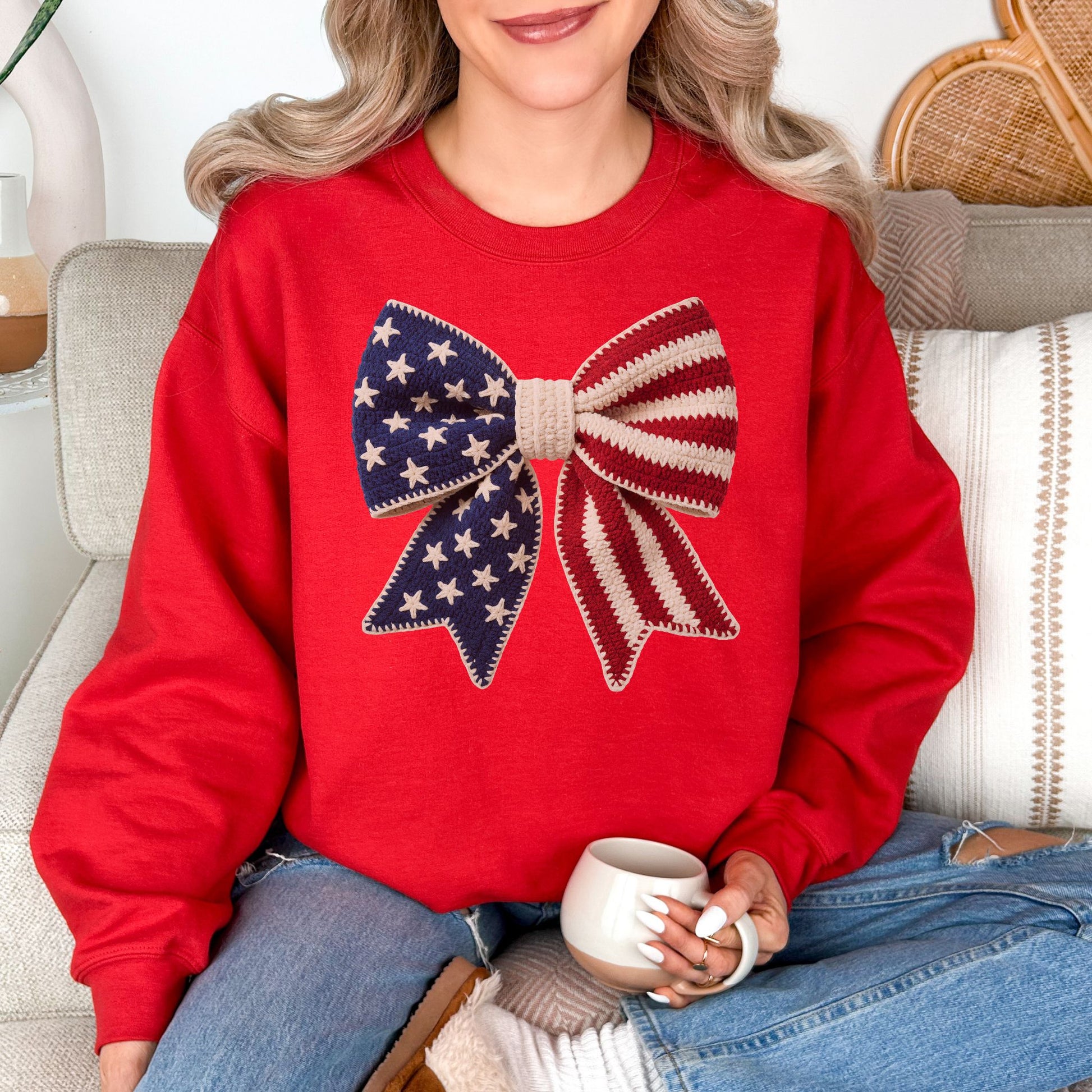 "Faux Crochet American Flag Bow" graphic true red (red) sweatshirt.