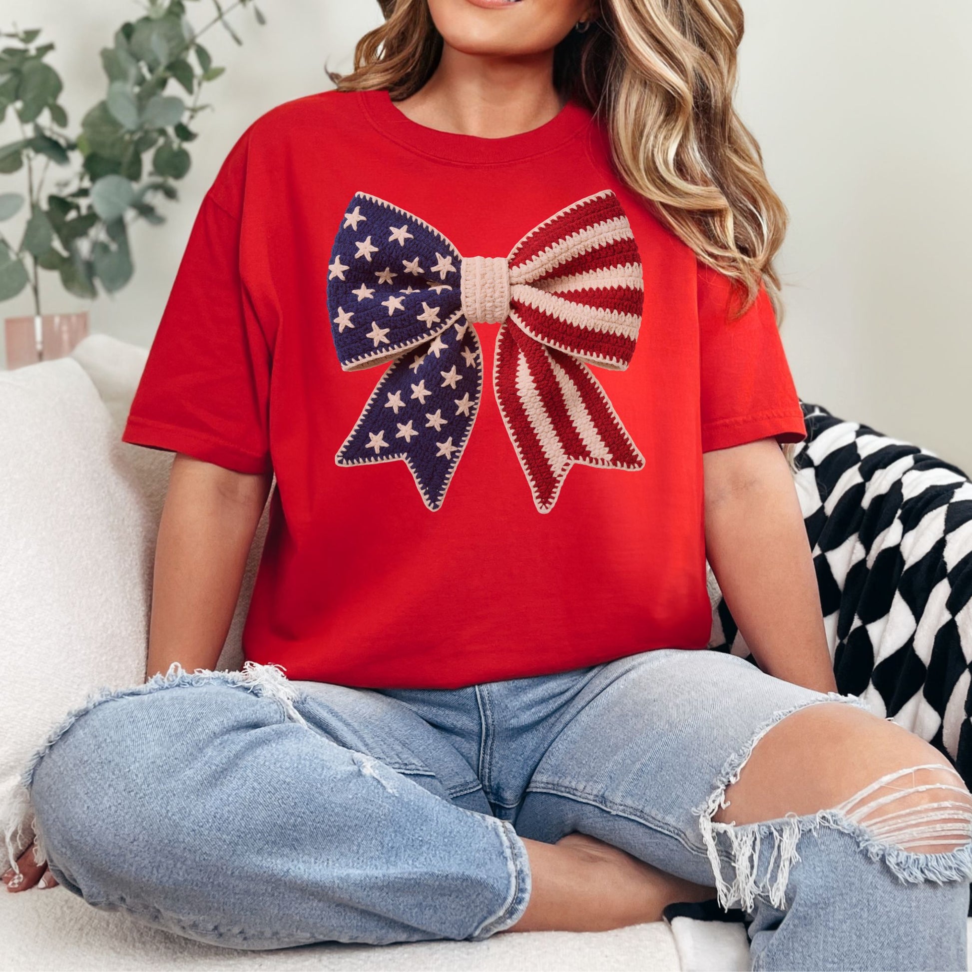 Faux Crochet American Flag Bow" graphic on classic true red (red) T-Shirt.