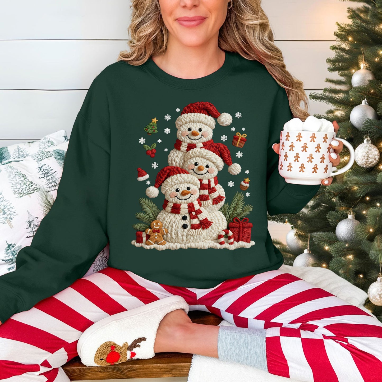"Christmas Crochet Snowmen" graphic on a Gildan 18000 Sweatshirt in the color dark green (forest green).