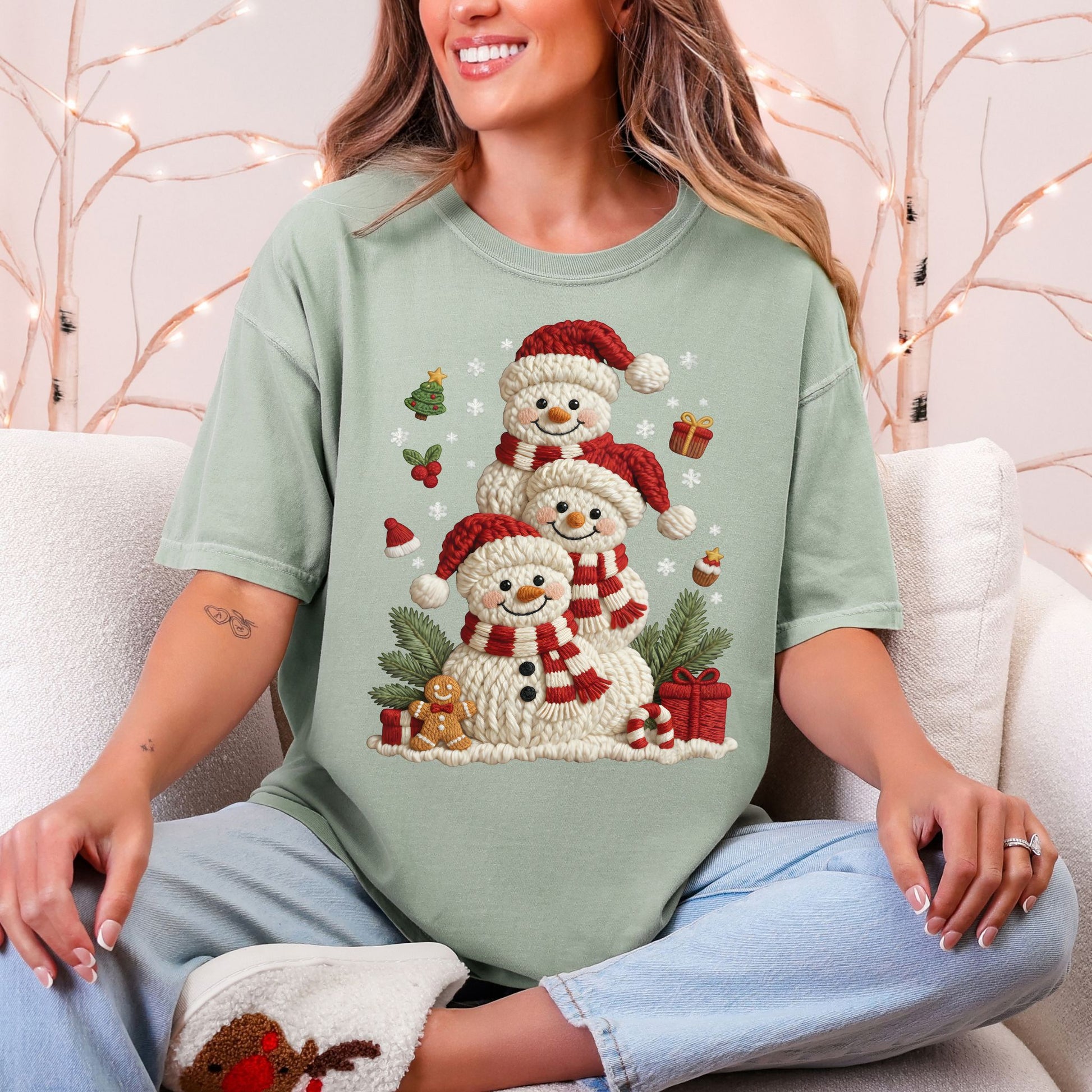 "Christmas Crochet Snowmen" on a Comfort Colors 1717 T-Shirt in the color muted teal-green (bay).