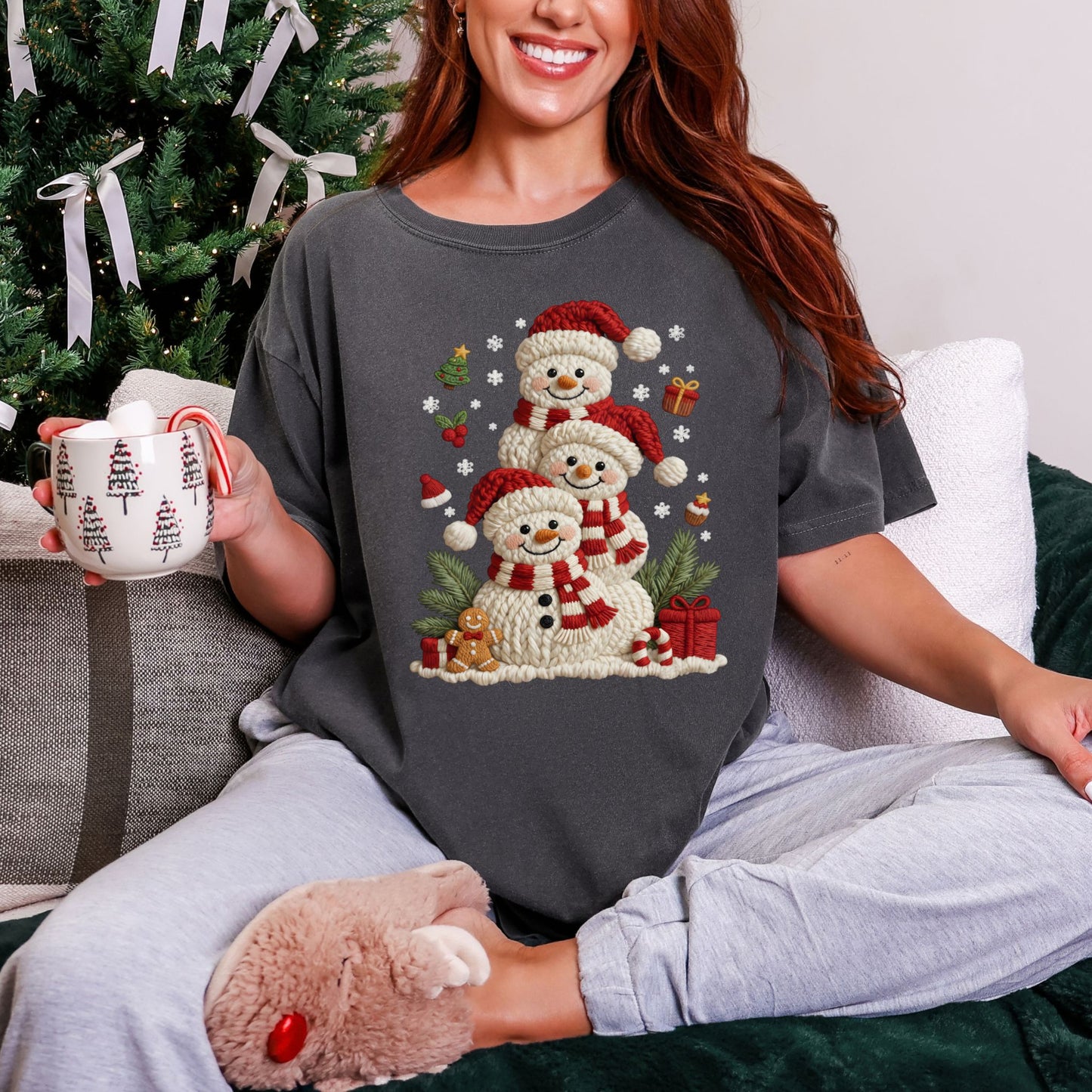 "Christmas Crochet Snowmen" on a Comfort Colors 1717 T-Shirt in the color dark charcoal gray (pepper).