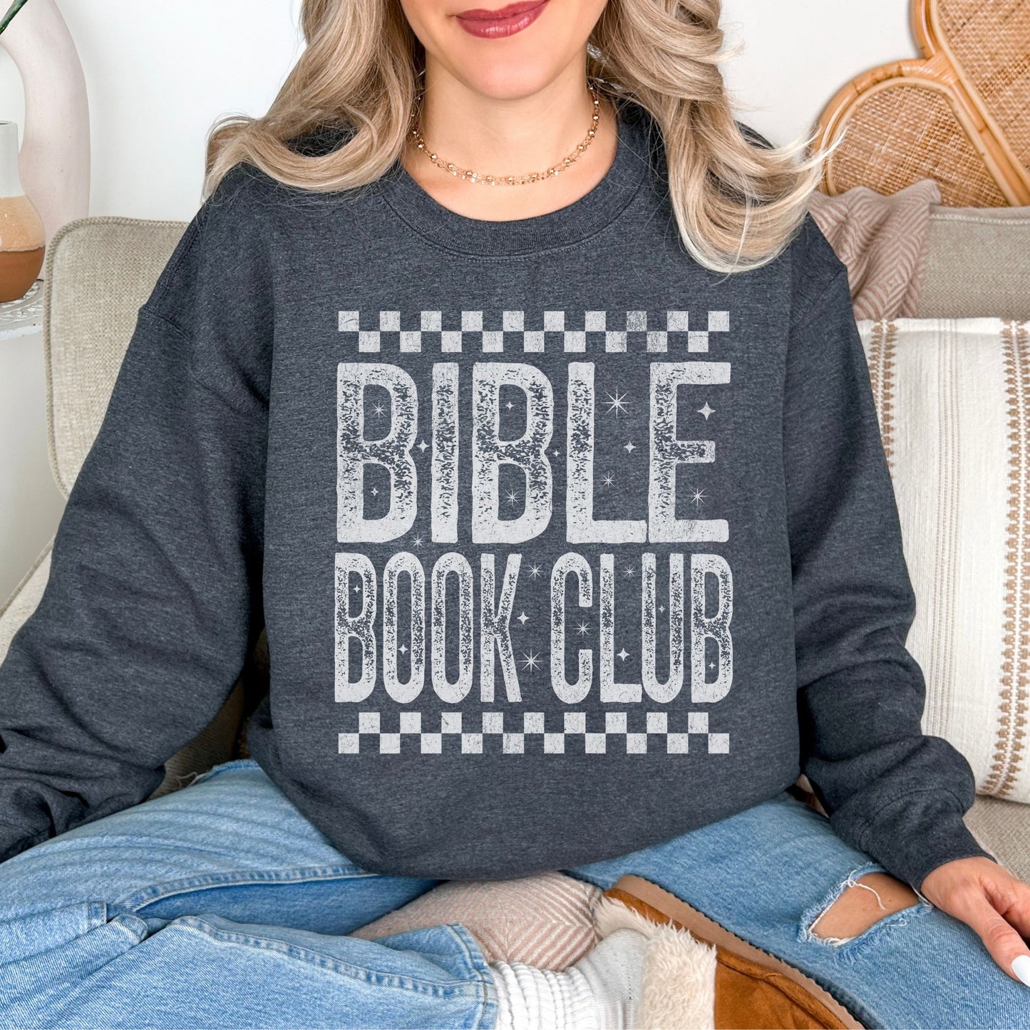 "Distressed Bible Book Club" graphic on medium-dark heather gray (dark heather) sweatshirt