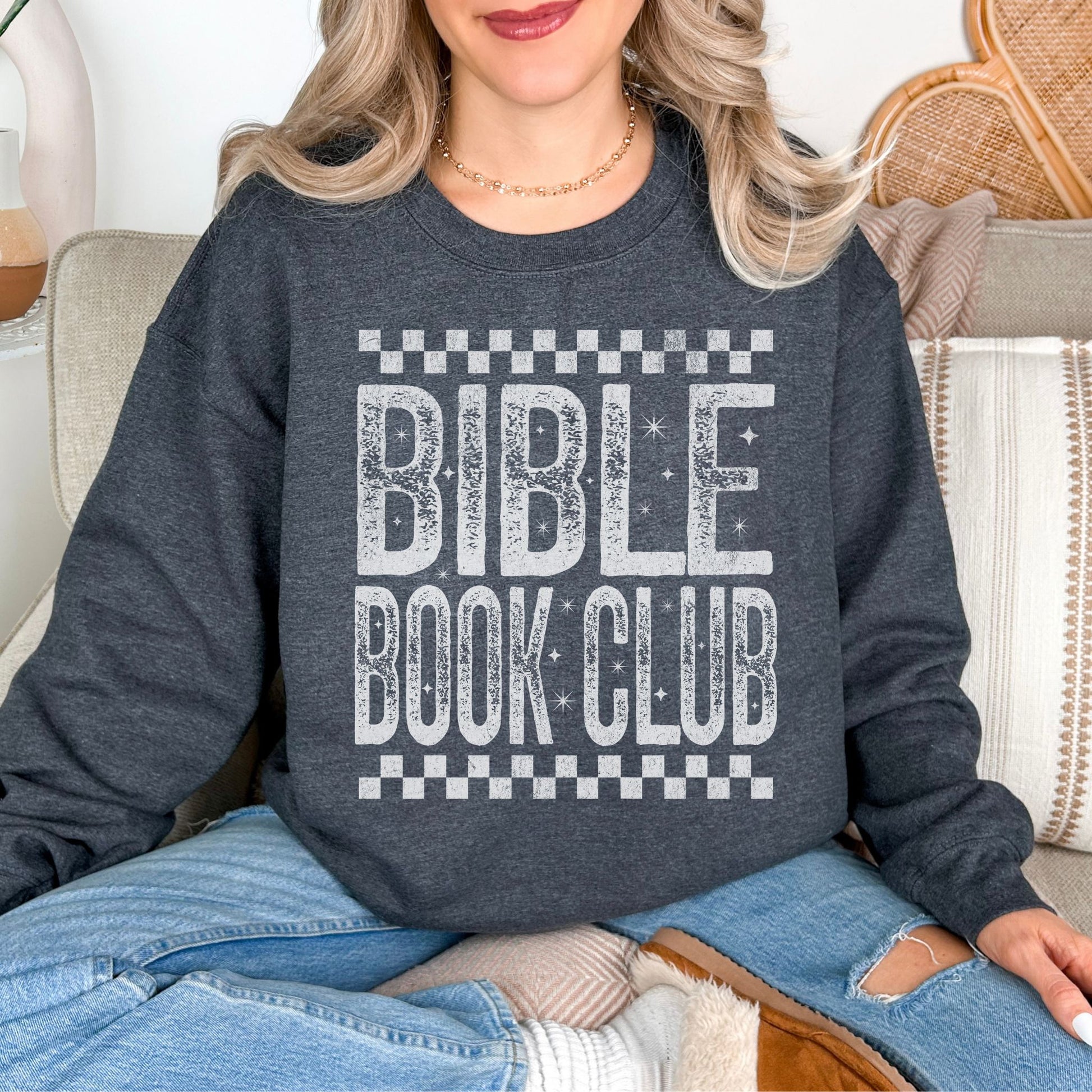 "Distressed Bible Book Club" graphic on medium-dark heather gray (dark heather) sweatshirt