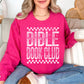 "Distressed Bible Book Club" graphic on bright pink (heliconia) sweatshirt