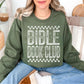 "Distressed Bible Book Club" graphic on muted olive green (military green) sweatshirt