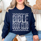 "Distressed Bible Book Club" graphic on deep navy blue (navy) sweatshirt