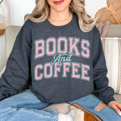 "Distressed Books and Coffee" graphic on medium-dark heather gray (dark heather) Sweatshirt.