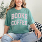 "Distressed Books and Coffee" graphic on soft light green (light green) T-Shirt.