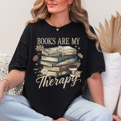 "Distressed Books Are My Therapy" graphic on Black T-Shirt.