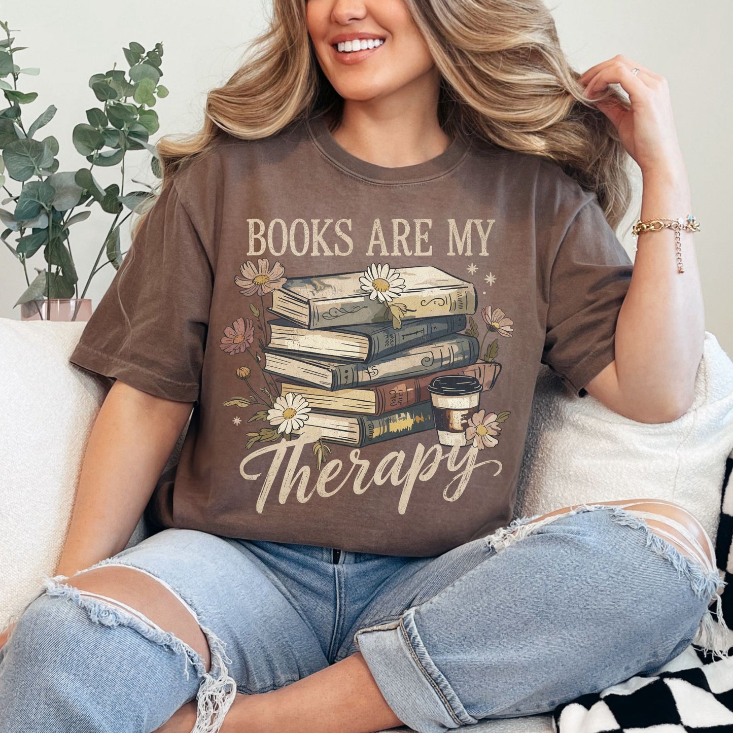 "Distressed Books Are My Therapy" graphic on rich brown (espresso) T-Shirt.