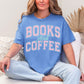 "Distressed Books and Coffee" graphic on muted blue-green (mystic blue) T-Shirt.