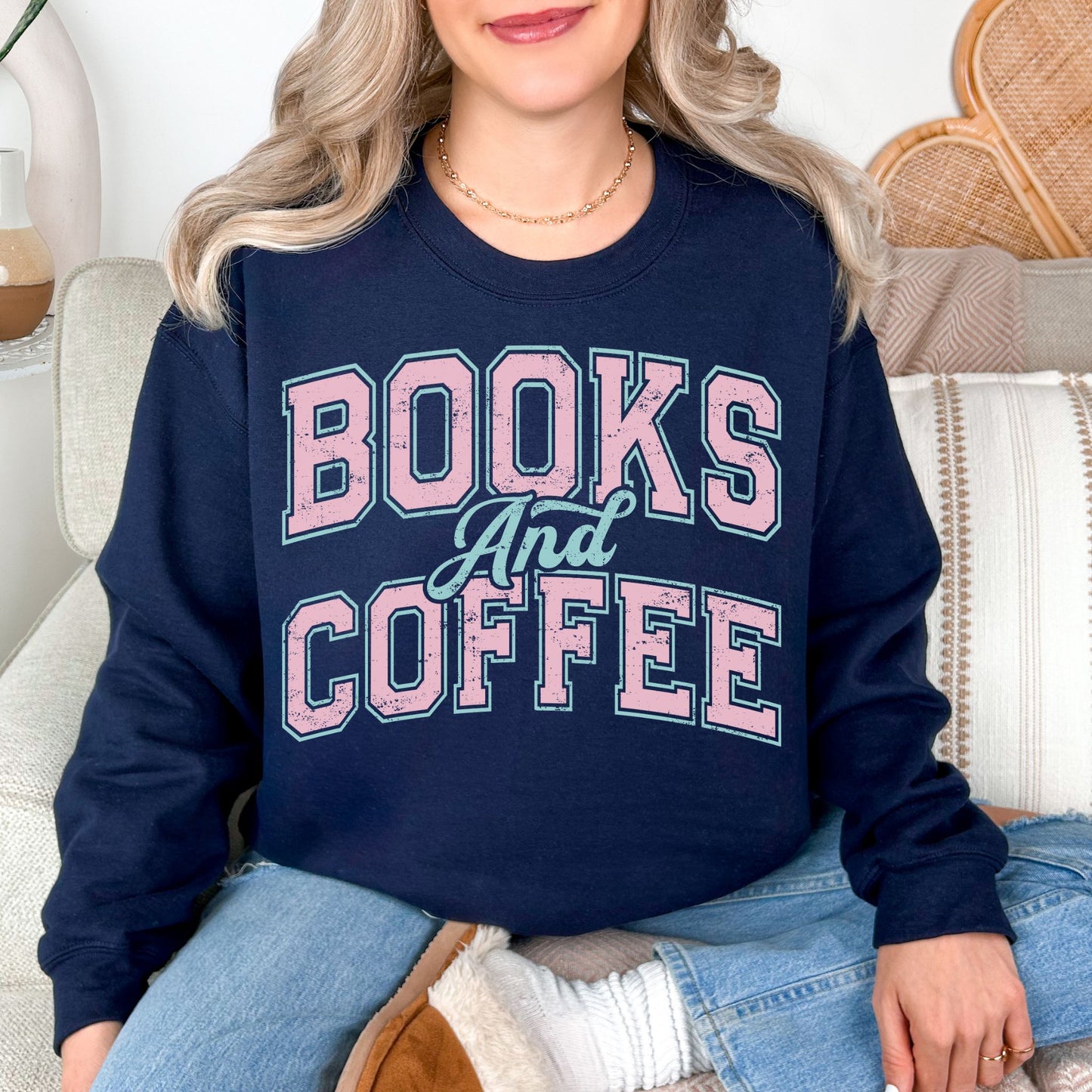 "Distressed Books and Coffee" graphic on deep navy blue (navy) Sweatshirt.