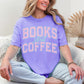 "Distressed Books and Coffee" graphic on soft muted violet purple (violet) T-Shirt.