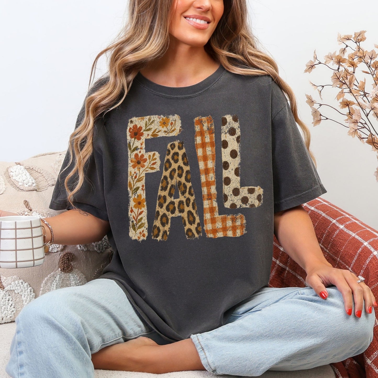 "Distressed Fall Floral Leopard graphic" on dark charcoal gray (pepper) t-shirt.