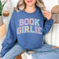 "Distressed Pastel Book Girlie" graphic on rich medium-dark blue (indigo blue) sweatshirt.