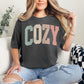 "Distressed Pastel Cozy" graphic on dark charcoal gray (pepper) in a T-Shirt.