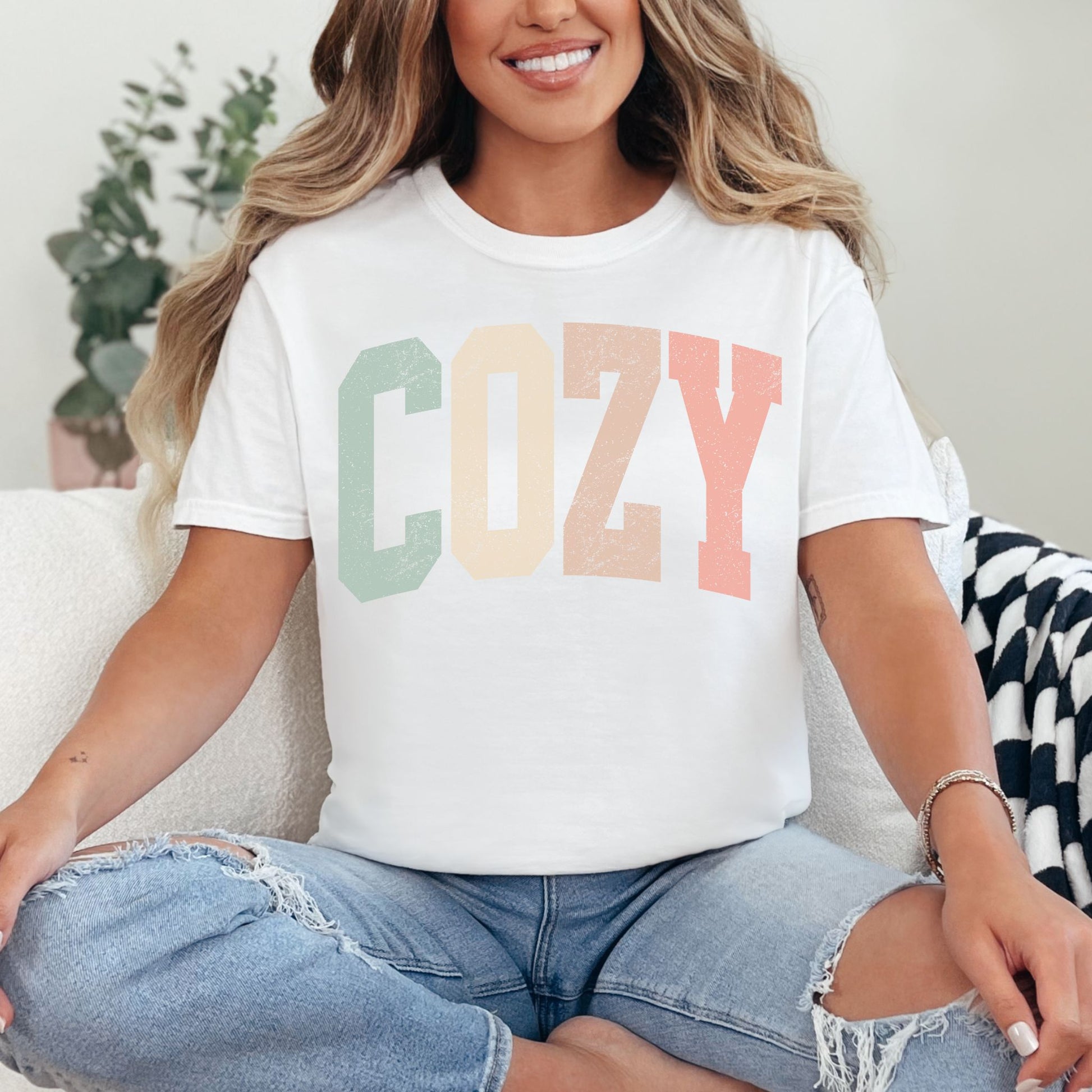 "Distressed Pastel Cozy" graphic on bright white (white) T-shirt.