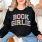"Distressed Pastel Book Girlie" graphic on deep black (black) sweatshirt.