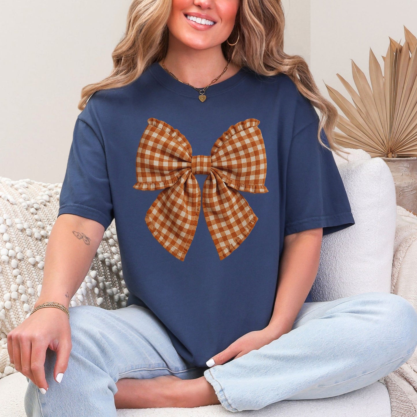 "Fall Gingham Bow" graphic on deep navy blue (navy) Comfort Colors 1717 T-Shirt.