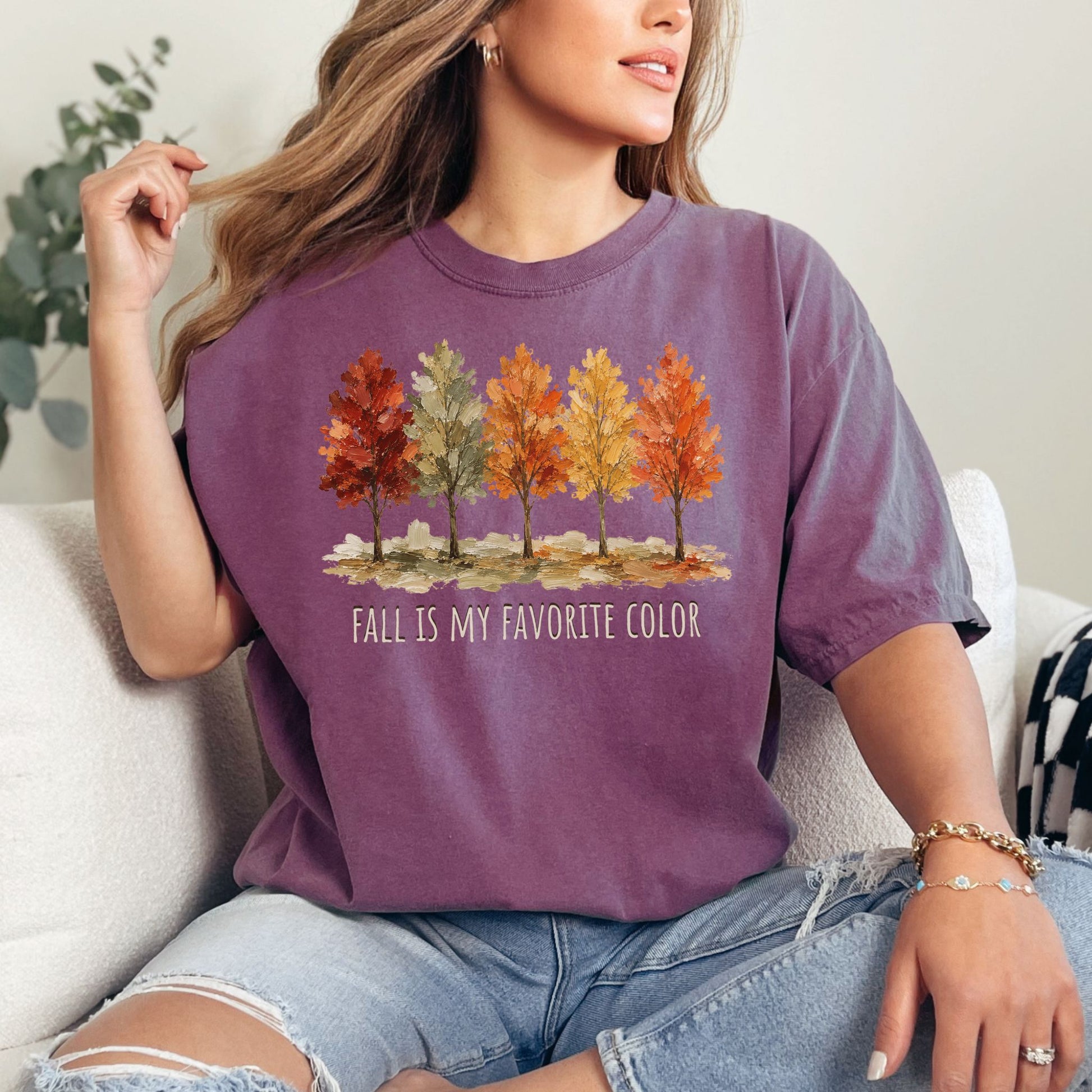 “Fall is My Favorite Color" graphic on deep berry pink (berry) Comfort Colors t-shirt.