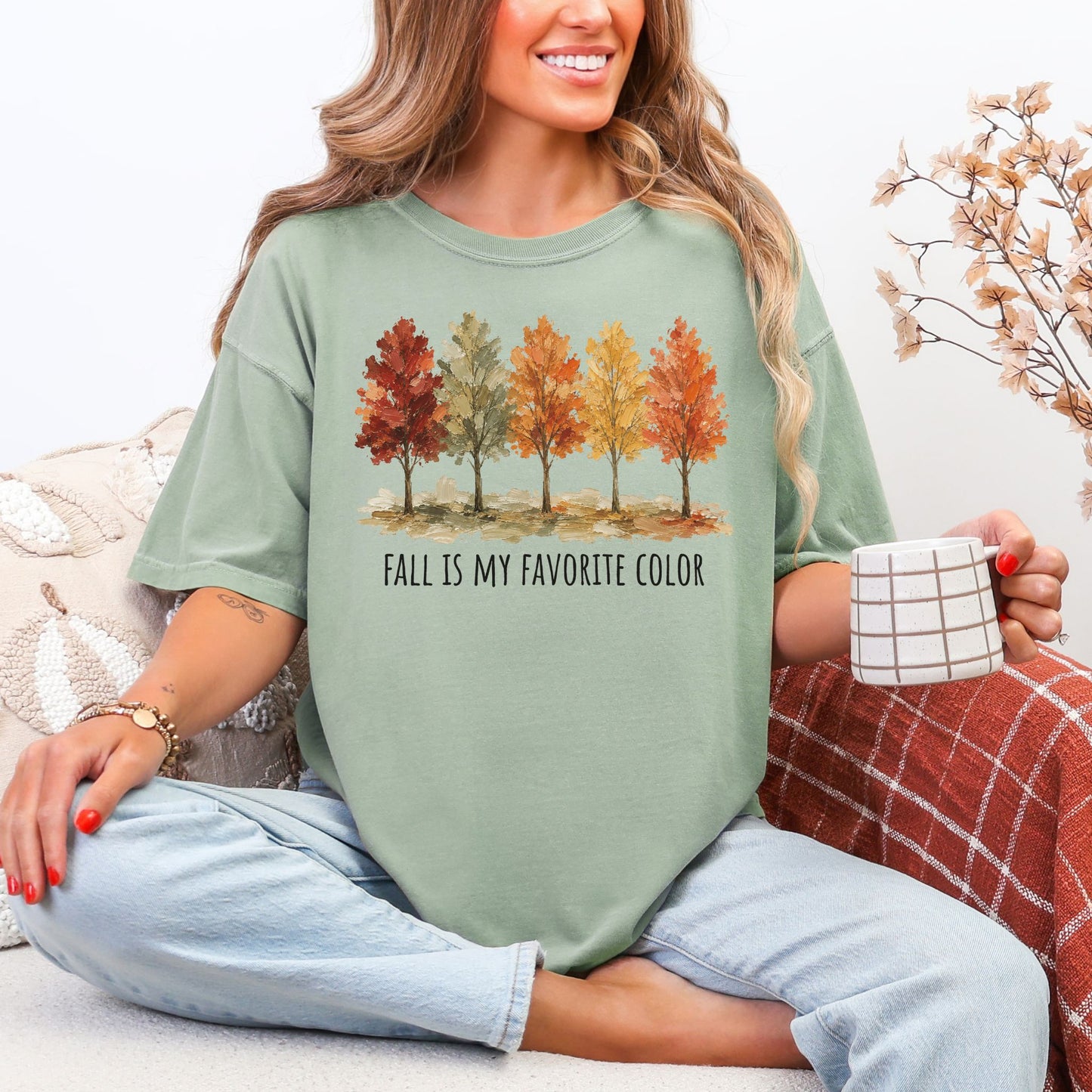 “Fall is My Favorite Color" graphic on muted teal-green (bay) Comfort Colors t-shirt.