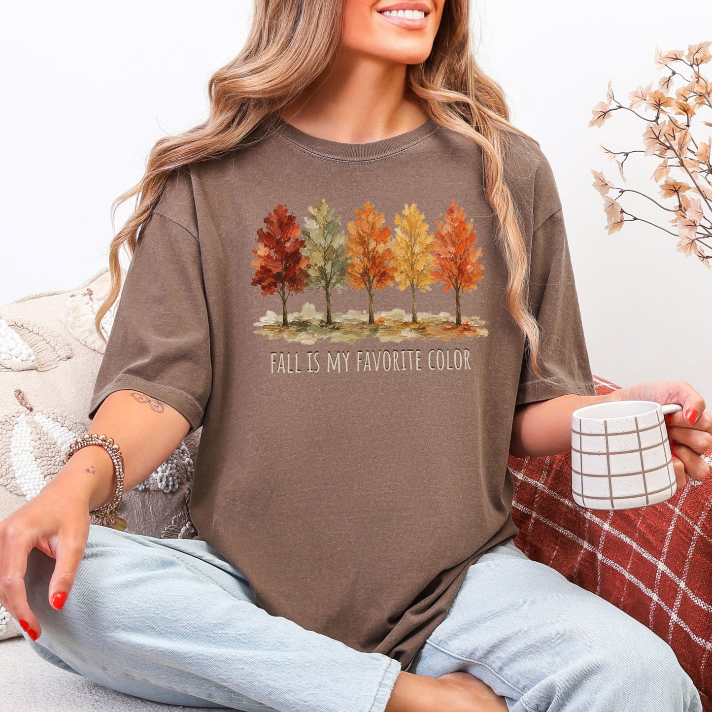 “Fall is My Favorite Color" graphic on rich brown (espresso) Comfort Colors t-shirt.