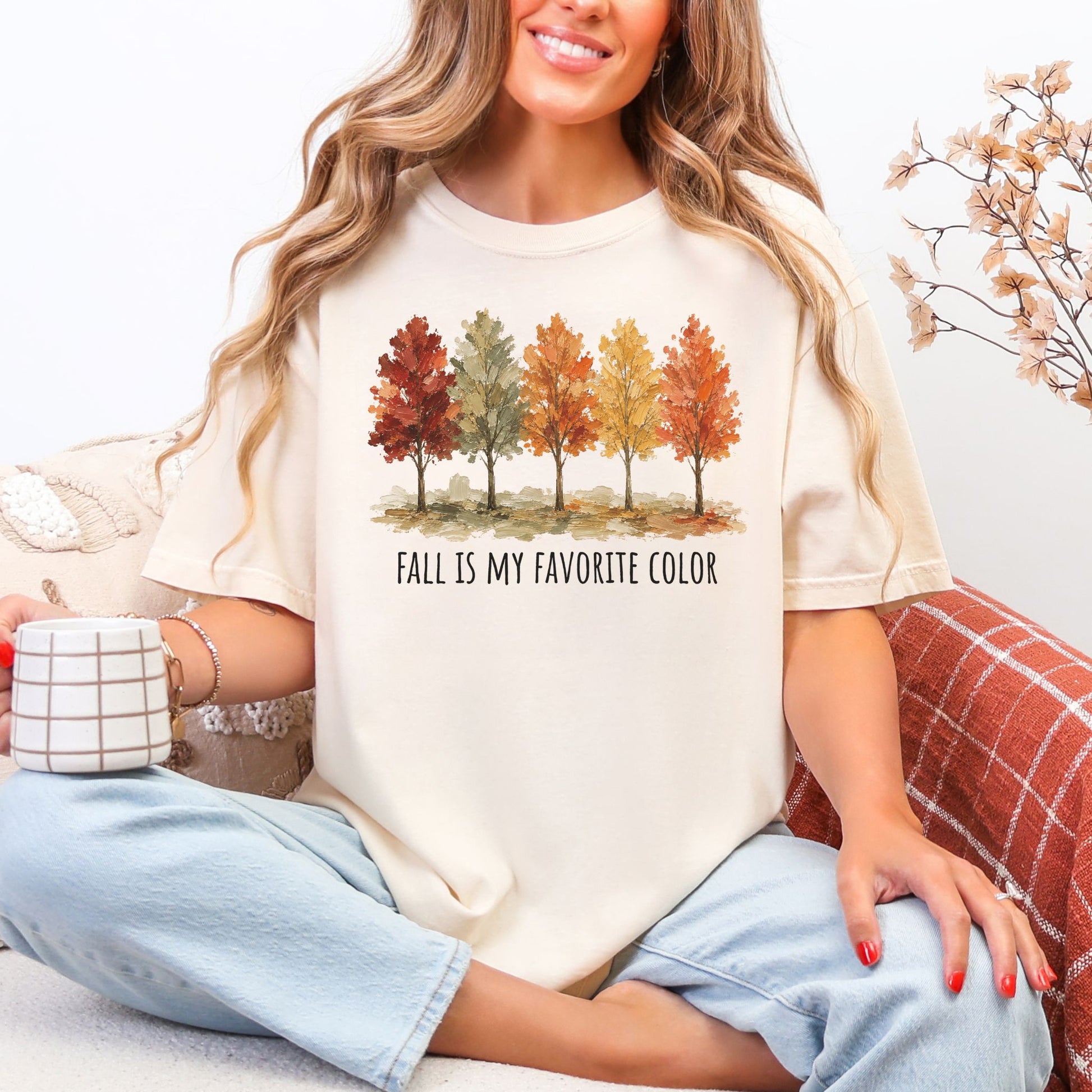 “Fall is My Favorite Color" graphic on soft off-white (ivory)Comfort Colors t-shirt.