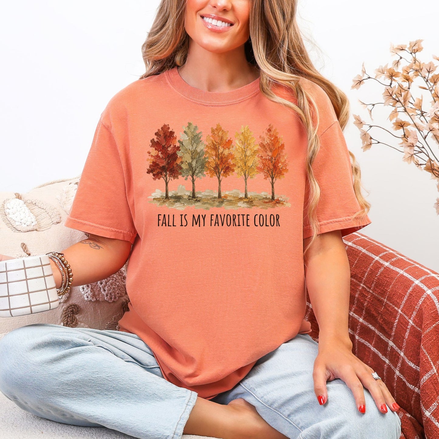 “Fall is My Favorite Color" graphic on warm earthy orange-brown (terracotta) Comfort Colors t-shirt.