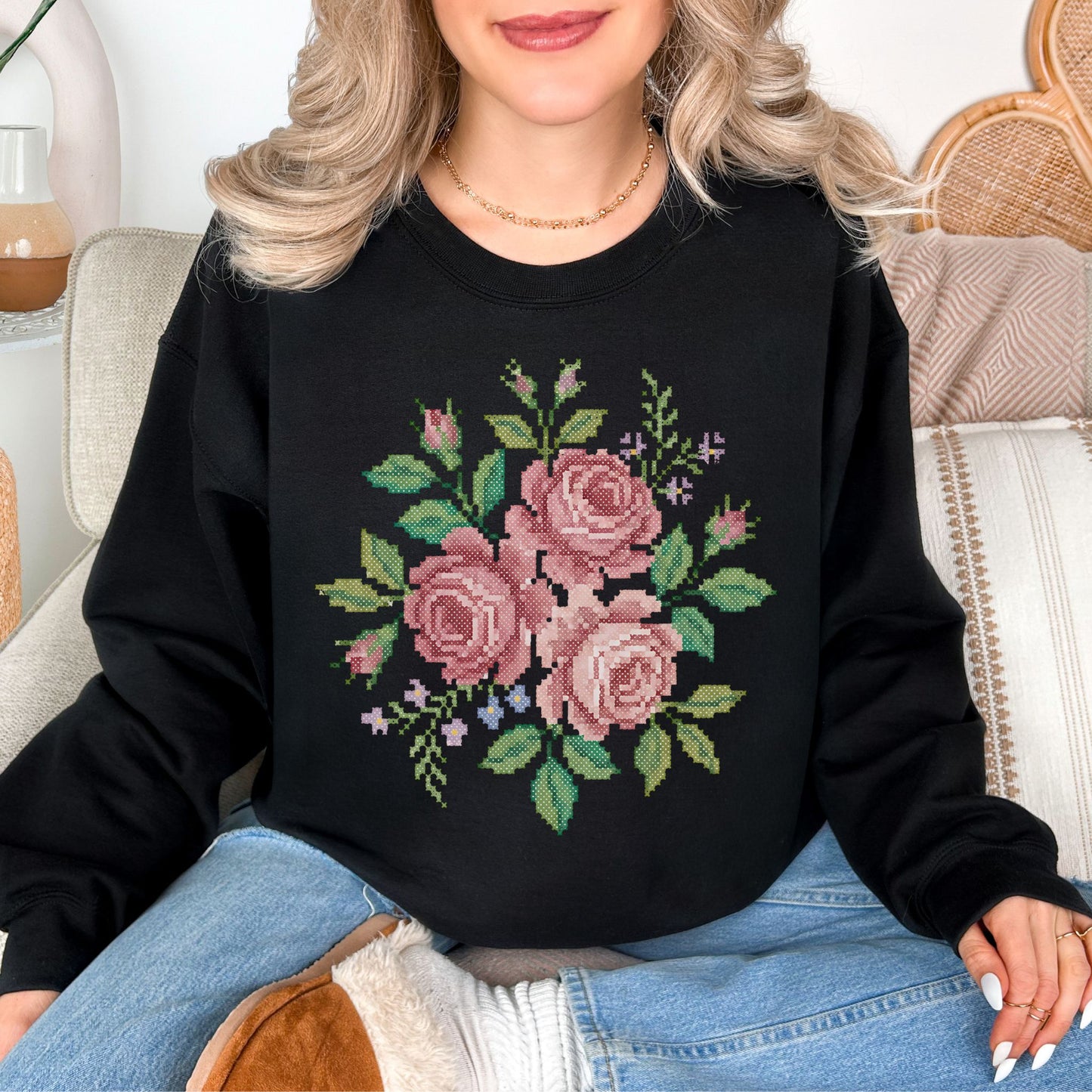 "Faux Cross Stitch Roses" graphic on very black (black) sweatshirt.