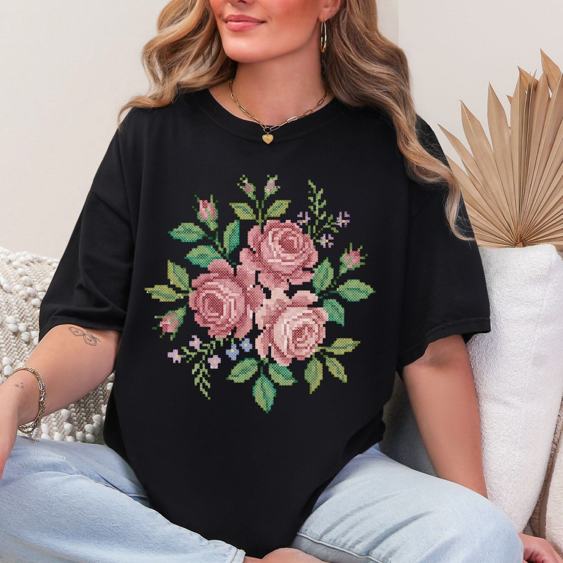 "Faux Cross Stitch Roses" graphic on Black t-shirt.