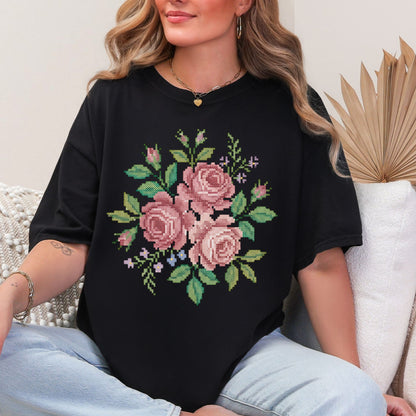 "Faux Cross Stitch Roses" graphic on Black t-shirt.