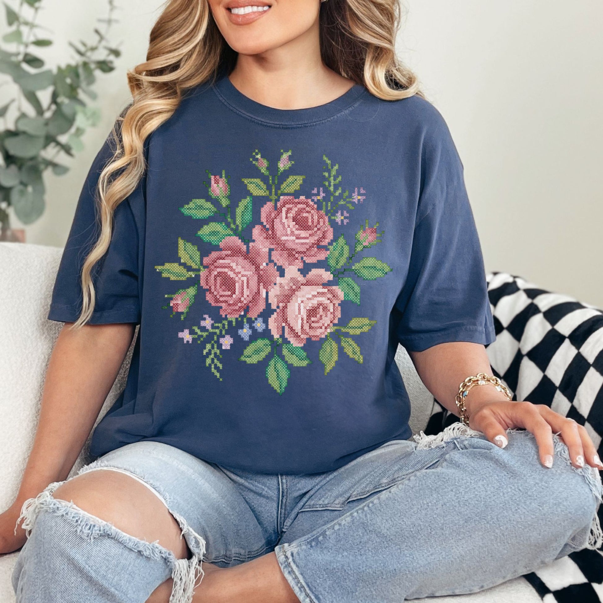 "Faux Cross Stitch Roses" graphic on deep navy blue (navy) t-shirt.