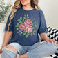 "Faux Cross Stitch Roses" graphic on deep navy blue (navy) t-shirt.