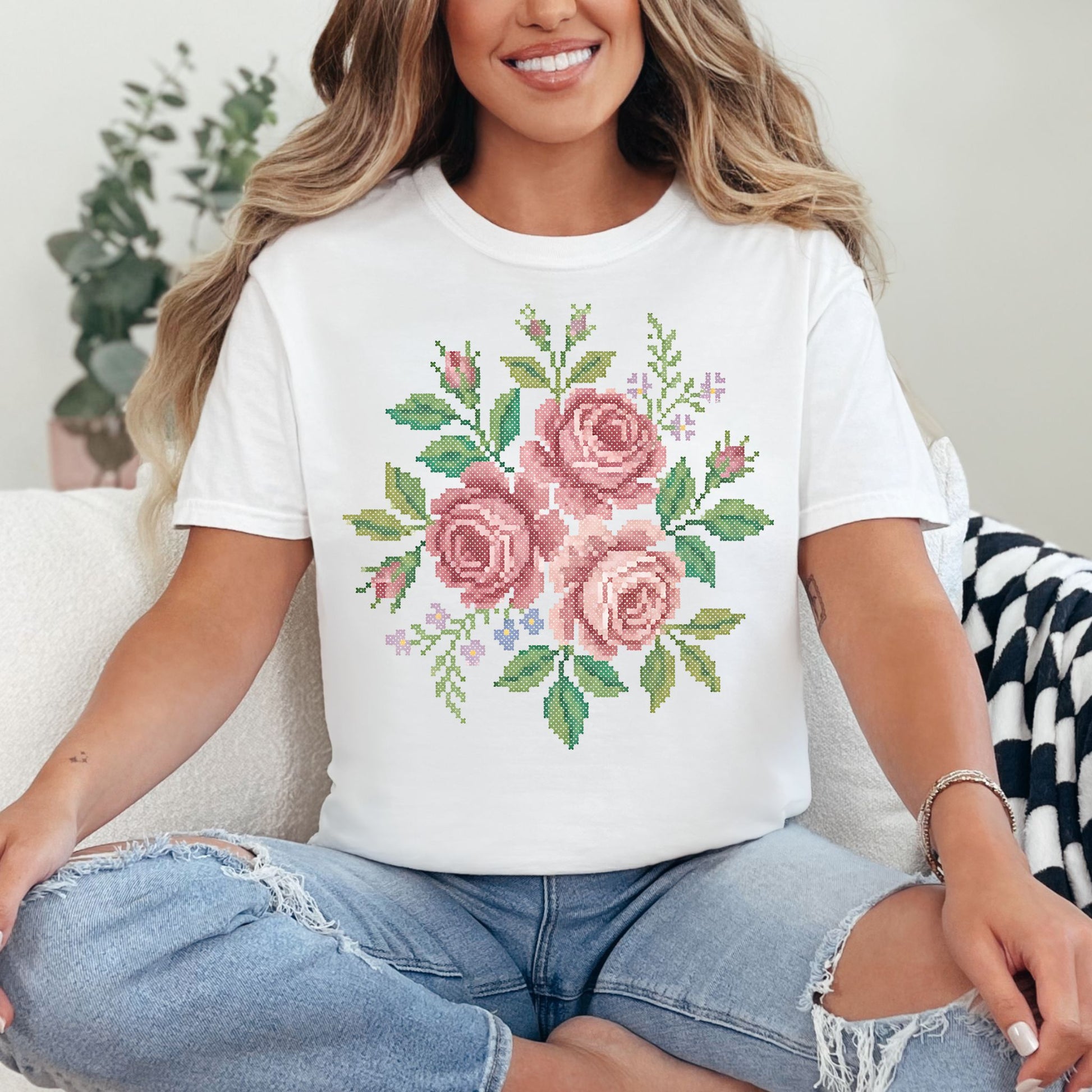 "Faux Cross Stitch Roses" graphic on bright white (white) t-shirt.
