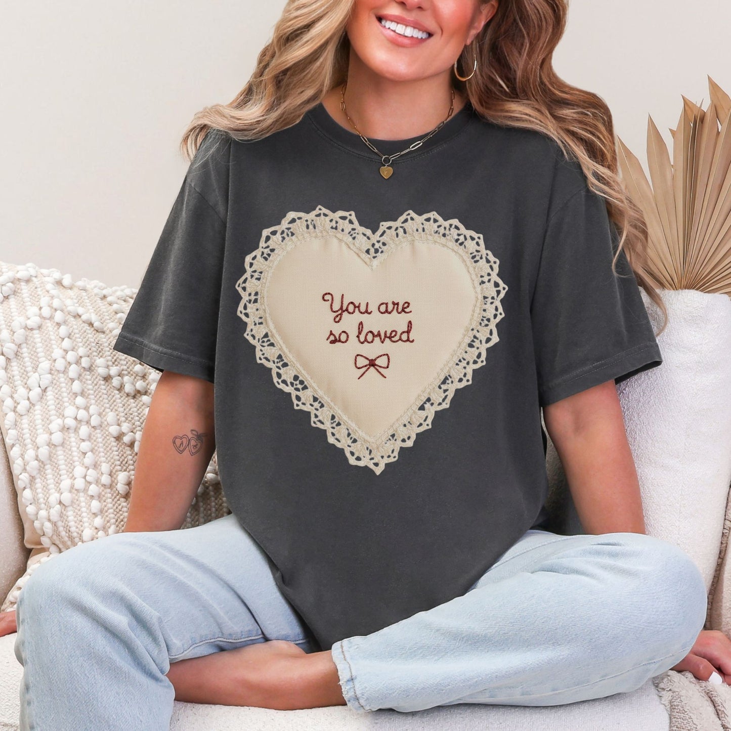"Faux Embroidery Heart You Are So Loved" graphic on dark charcoal gray (pepper) T-Shirt