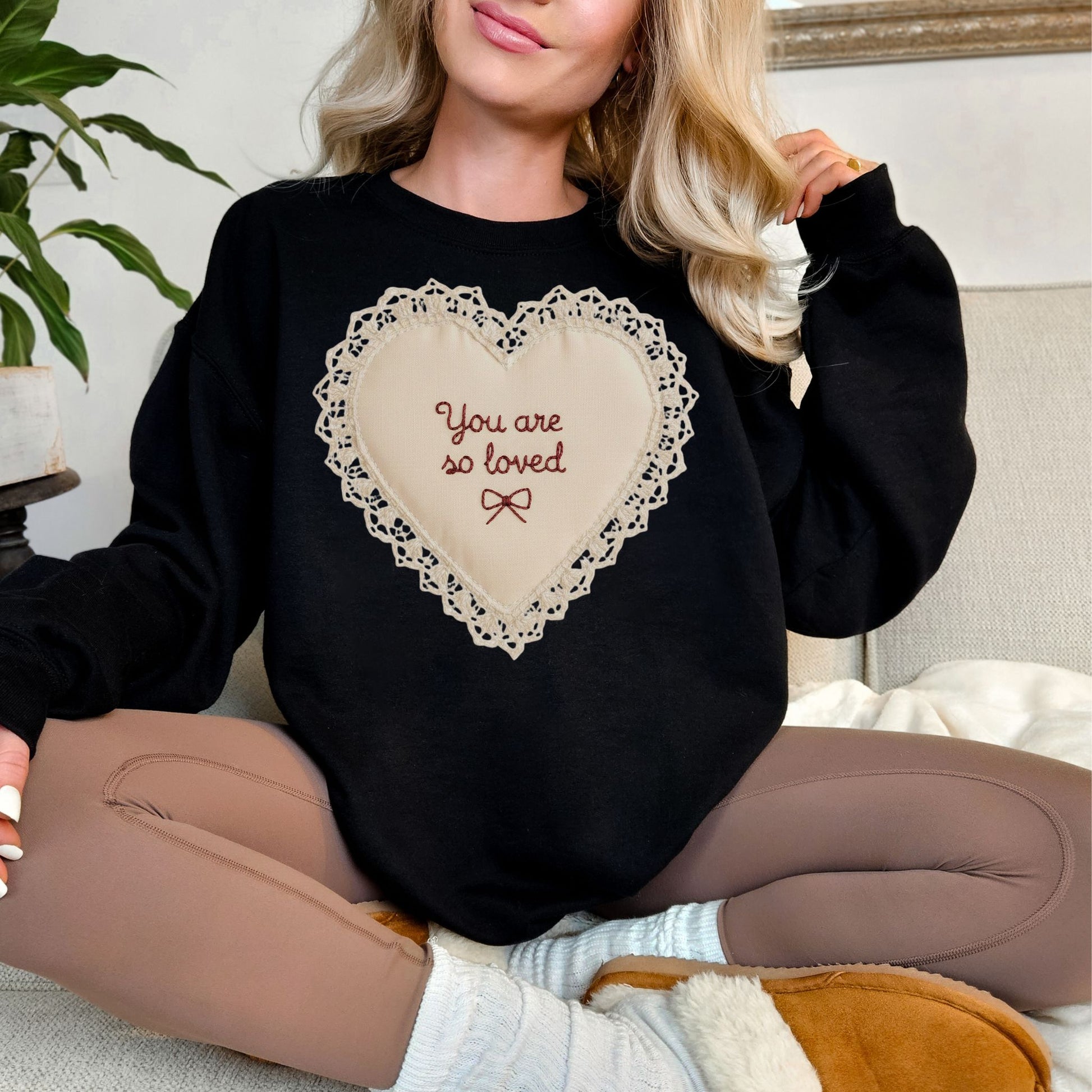 "Faux Embroidery Heart" graphic on a black Sweatshirt