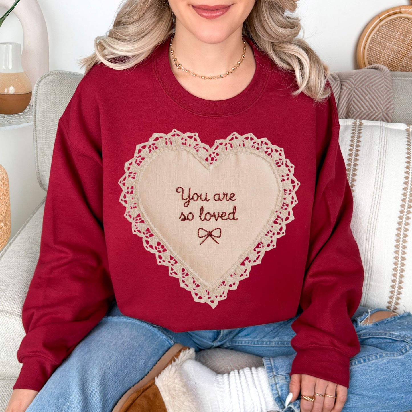 "Faux Embroidery Heart" graphic on deep rich red (cardinal red) Sweatshirt