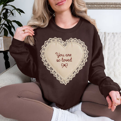 "Faux Embroidery Heart" graphic on deep dark brown (dark chocolate) Sweatshirt.