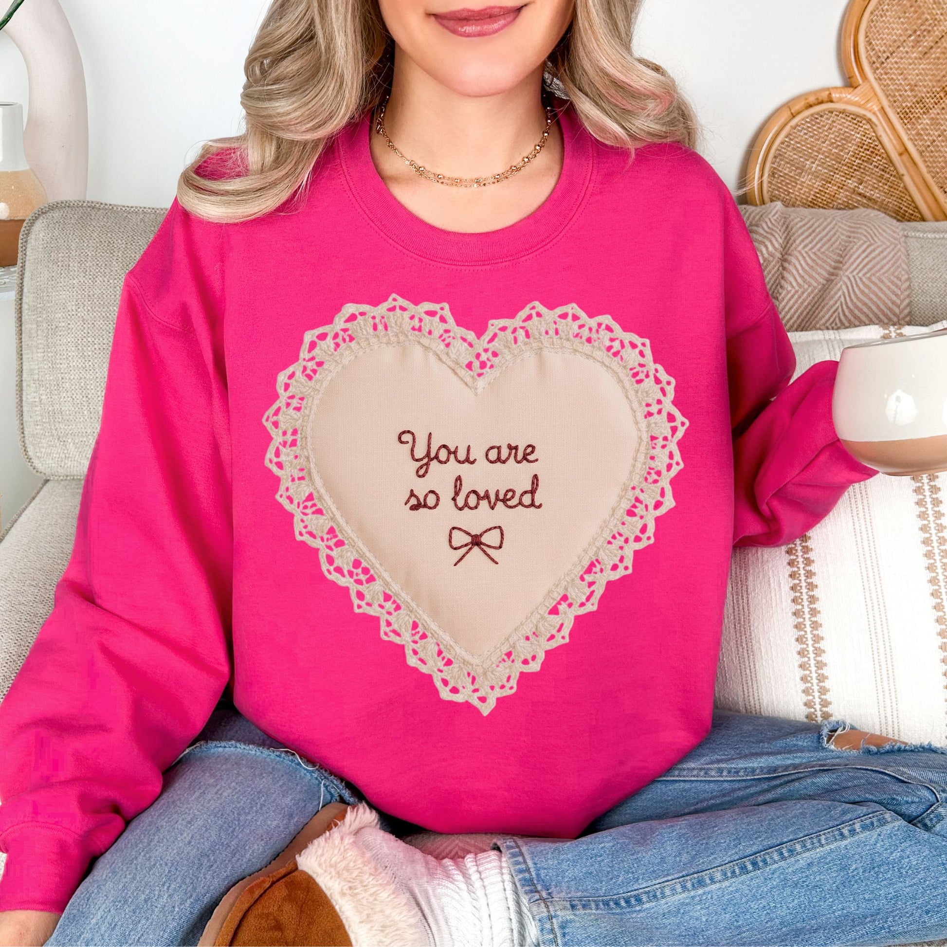 "Faux Embroidery Heart" graphic on bright pink (heliconia) Sweatshirt.