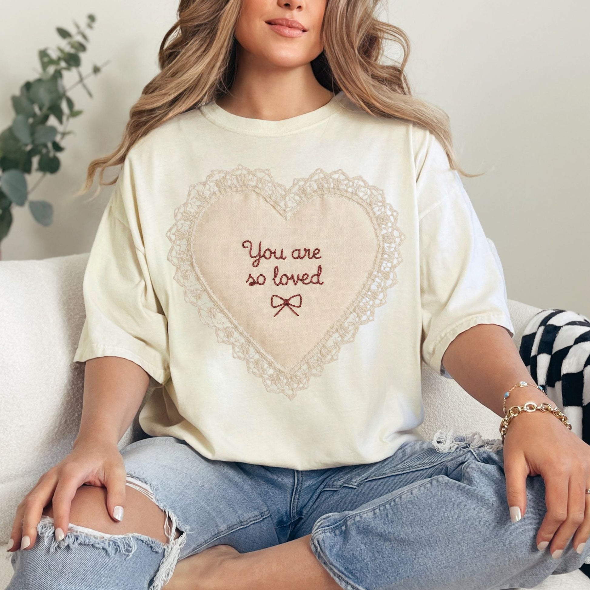 "Faux Embroidery Heart You Are So Loved" graphic on soft off-white (ivory) T-Shirt