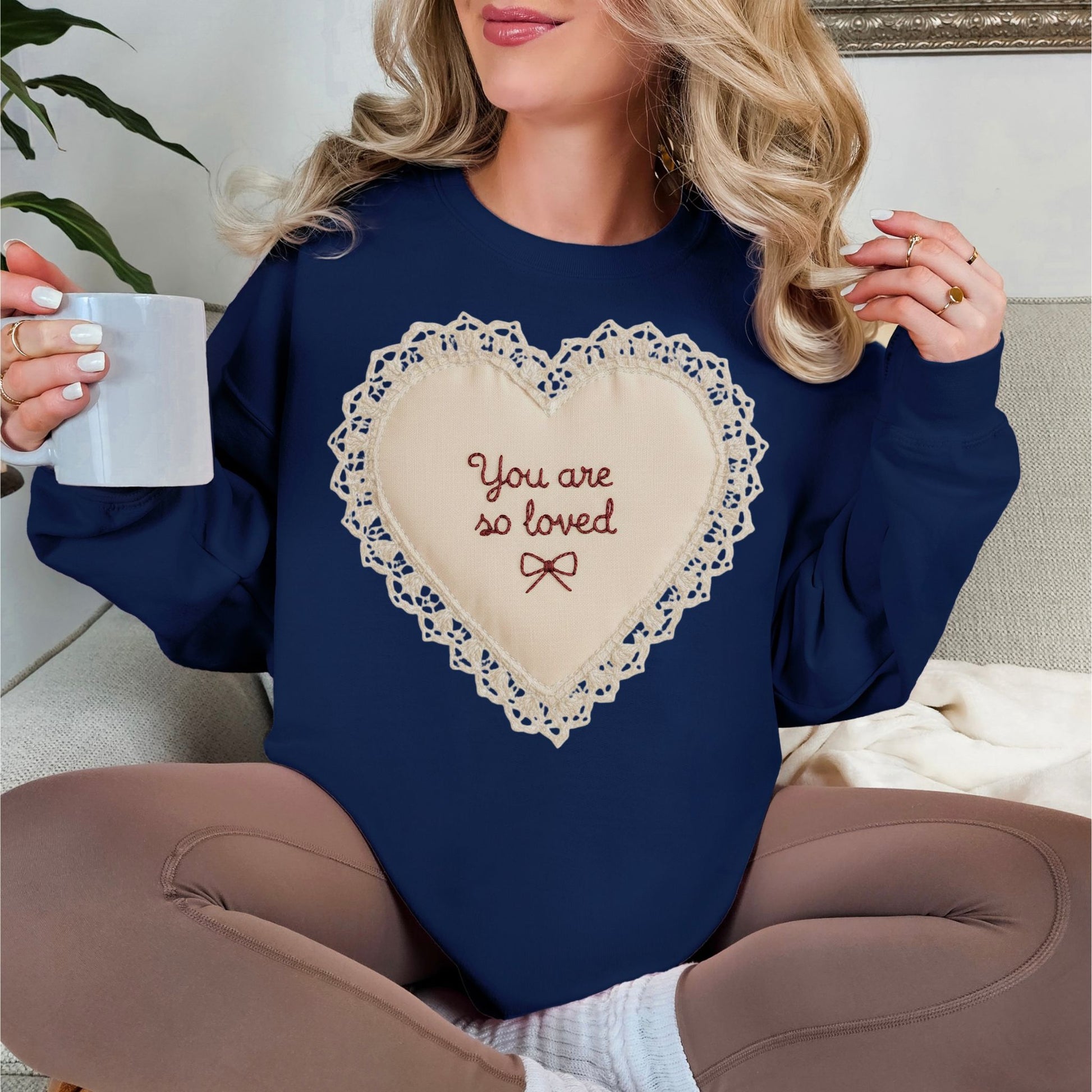"Faux Embroidery Heart" graphic on navy blue (navy) Sweatshirt