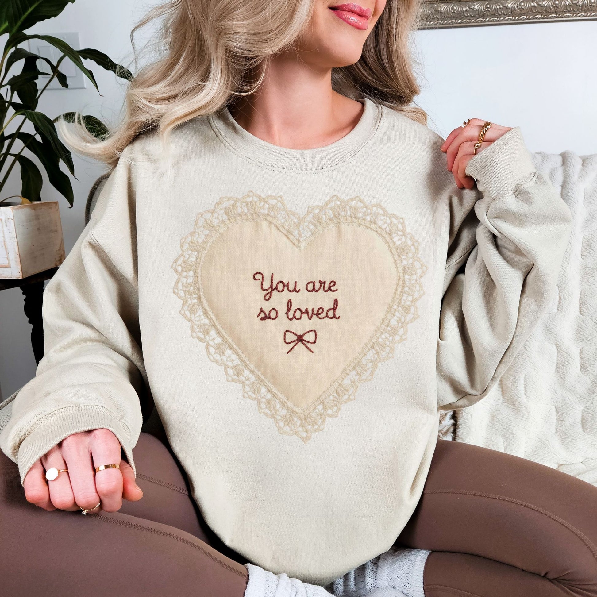 "Faux Embroidery Heart" graphic on  light warm beige (sand) Sweatshirt