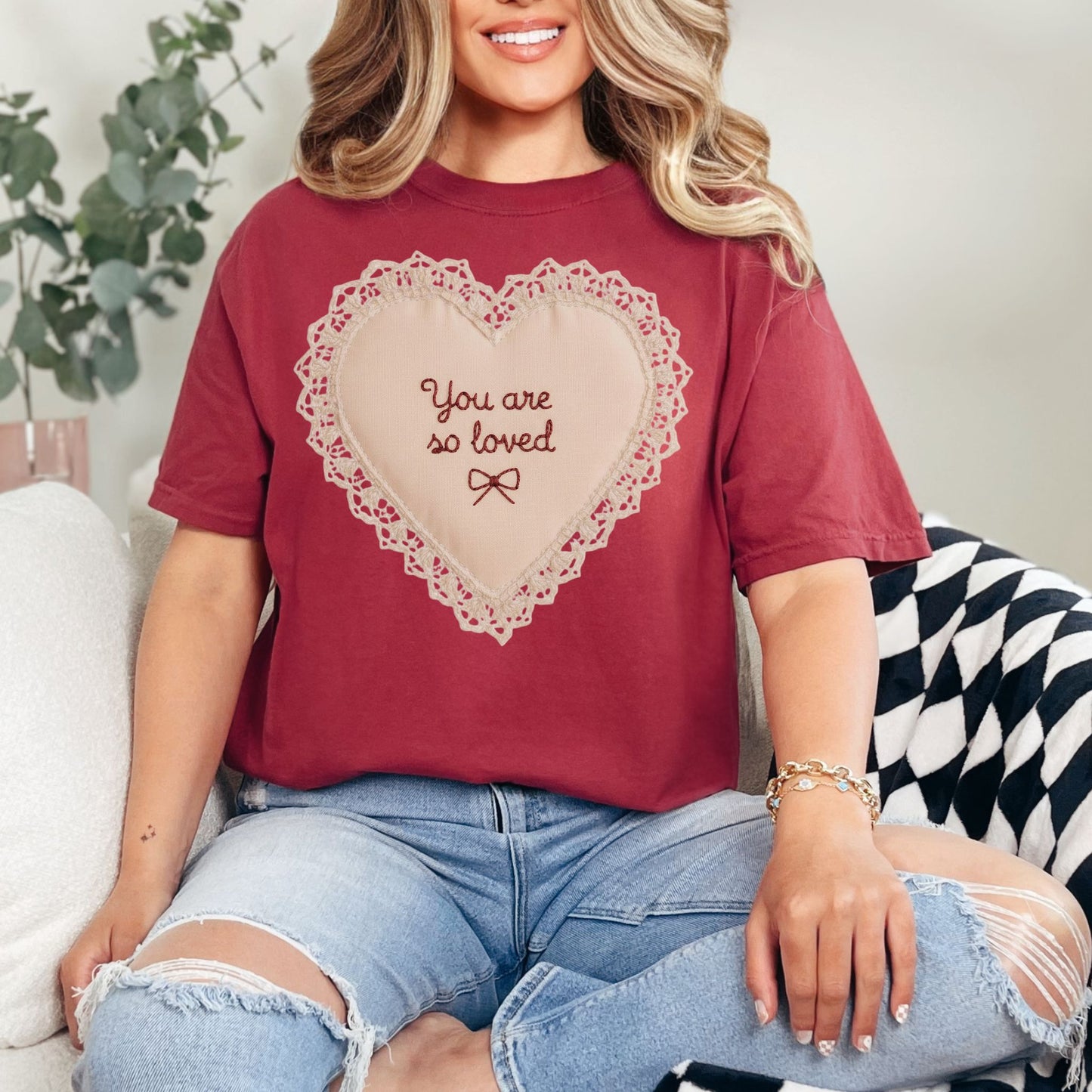 "Faux Embroidery Heart You Are So Loved" graphic on muted brick red (chili) T-Shirt