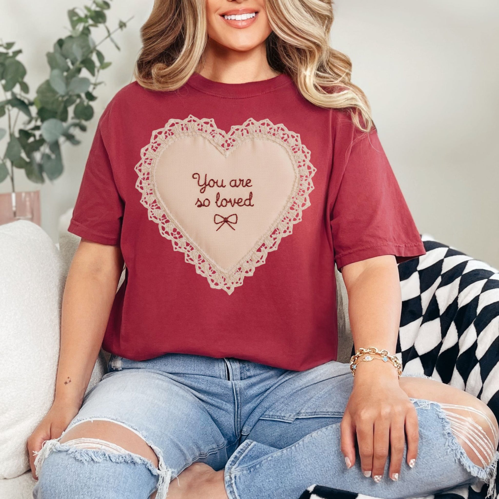 "Faux Embroidery Heart You Are So Loved" graphic on muted brick red (chili) T-Shirt