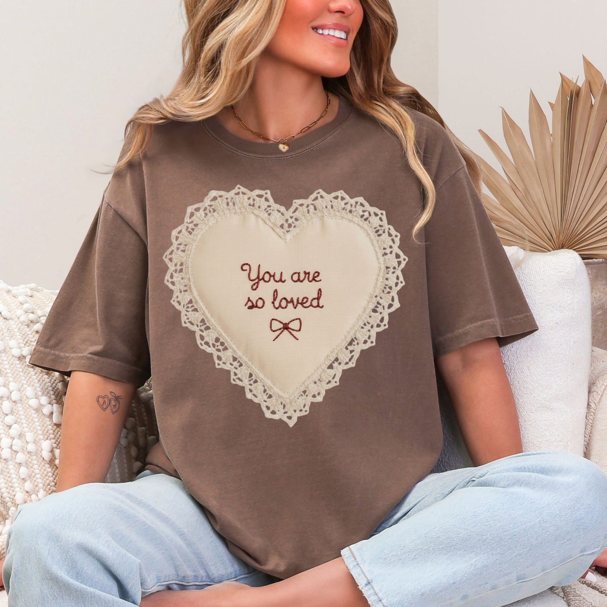 "Faux Embroidery Heart You Are So Loved" graphic on rich brown (espresso) T-Shirt